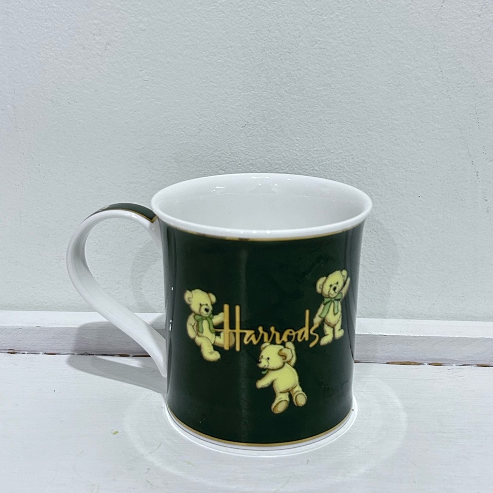 Harrods Knightsbridge Green White Teddy Bear Mug Fine Bone China Made in England